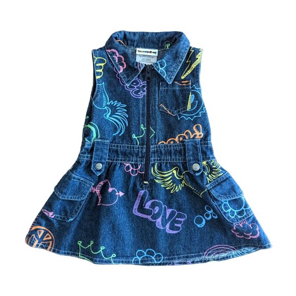 Retro Graffiti Print Dress Baby Girl 6-9 Months Mid-Weight Dark Wash Denim - Picture 1 of 5